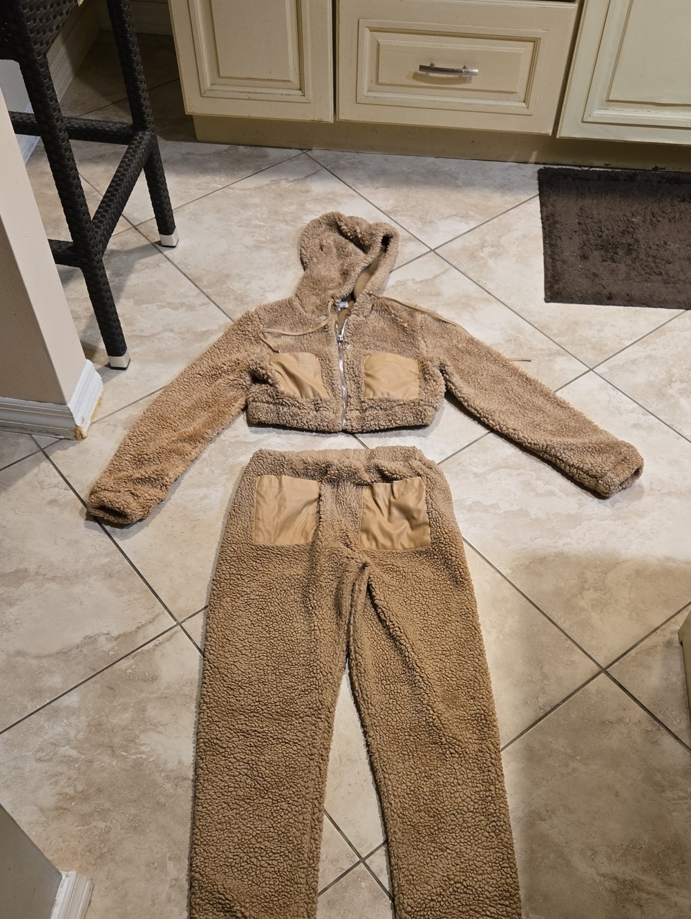 Cozy Sherpa With leather Hooded Cropped Jacket & Pants Set - Tan